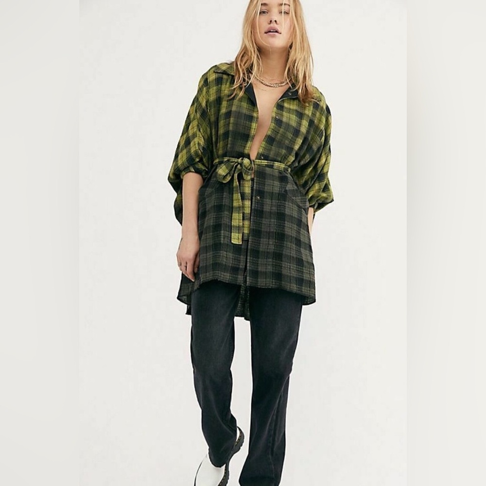 Free People you wish oversized ombré green flannel size XS